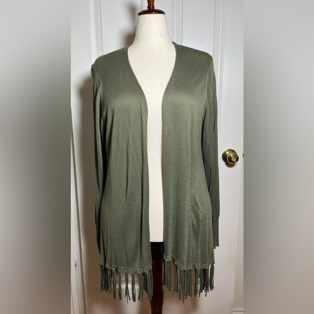 Lane Bryant Open-Front Fringe Cardigan – Olive Green